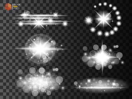 Silver glitter bokeh lights and tinsel. Bright star, solar particles and sparks with glare effect on a transparent backgroundのイラスト素材