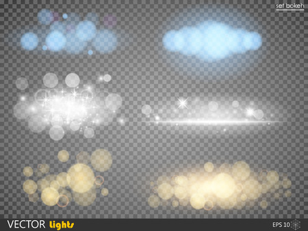 Golden glitter bokeh lights and sparkles. Shining star, sun particles and sparks with lens flare effect on transparent backgroundのイラスト素材