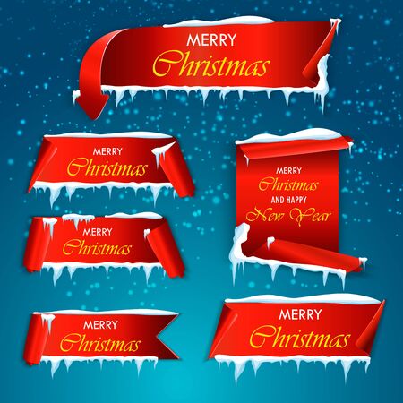 Set of red Christmas banners. Ribbons and round sticker. Paper scrolls. Vector illustration.のイラスト素材