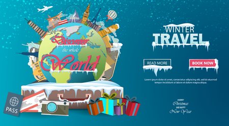 Winter travel. Travel to World. Vacation. Road trip. Tourism. Open suitcase with landmarks. Journey. Travelling illustration. Merry Christmas banners in flat style. EPS 10. Colorful.のイラスト素材