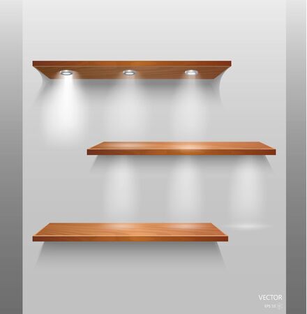 Vector Empty Wooden Shelves Isolated on Wall Backgroundのイラスト素材