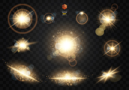 Shining star, the sun particles and sparks with a highlight effect, golden bokeh lights glitter and sequins. On a dark background transparent. Vector, EPS10のイラスト素材