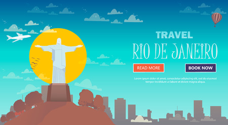 Travel in Rio de Janeiro, Brazil. Statue of Jesus Christ on the mountain. Flat design.のイラスト素材