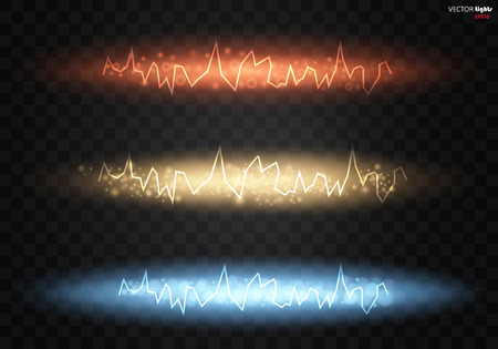 Electric discharge on transparent background. Energy colors lightning with electric discharge isolated. Vector illustrationのイラスト素材