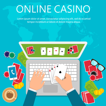 Illustration of casino online in flat style. Concepts web banner. Background of Casino online. Online poker app on laptop screen, cards and poker chips all around. EPS10のイラスト素材