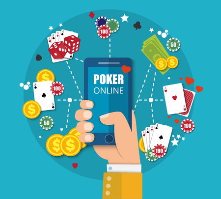 Online mobile casino background. Poker app online concept. Smartphone with cards and coins. Vector EPS10のイラスト素材