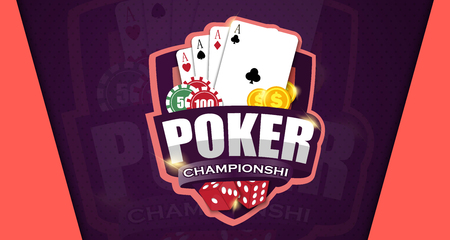 Vector illustration on a casino theme with poker symbols and poker cards on dark background. Casino logo design, grange print stamp, creative poker typography emblem, Vector EPS 10 designのイラスト素材