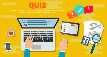 Onlineforms of questioning on the notebook of vectorial illustration, man working on a computer, screening a test computer, kind from above workmount flat style designのイラスト素材