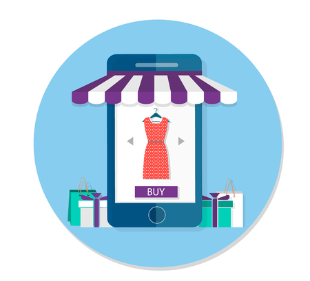 E-commerce, the concept of online shopping for clothes. Smartphone with purchase button and clothes. Modern flat graphic design elements. illustrationのイラスト素材