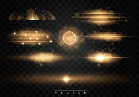 Set. Shining star, the sun particles and sparks with a highlight effect, color bokeh lights glitter and sequins. On a dark background transparent. Vector, EPS10のイラスト素材