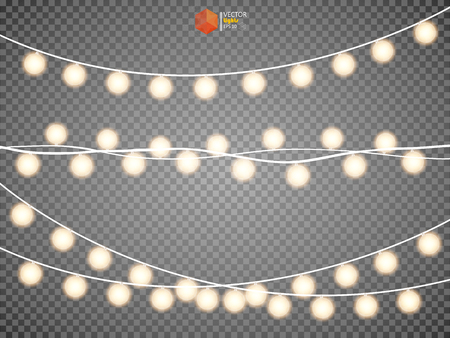 Set of golden Christmas glowing garland. Christmas lights isolated on transparent background.のイラスト素材