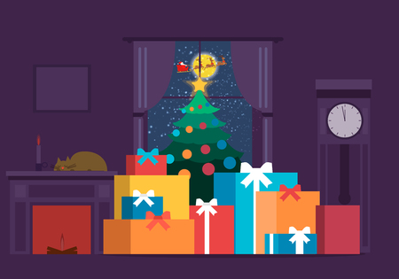 Christmas tree with gifts. Christmas card. Room with a Christmas tree with gifts, a kaamin and a clock. Night before Christmasのイラスト素材
