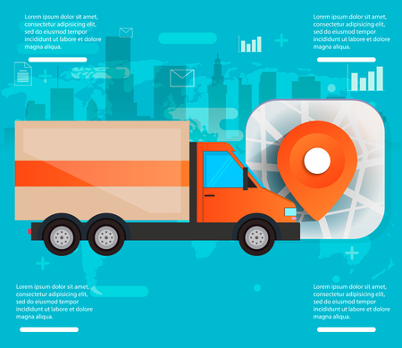 Concept of delivery service of vector illustrations. Abstract truck with map and place of delivery. On a blue background with a silhouette of the city. Large flat conceptual collection.のイラスト素材