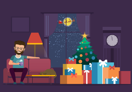 Happy man on sofa with a cup of tea during Christmas holiday.のイラスト素材