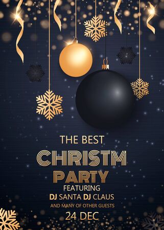 Merry Christmas and Happy New Year 2018. Invitation to a party. Gold and black colors. Place for text Christmas decorations, star balls. Leaflet brochure. Vector illustrationのイラスト素材