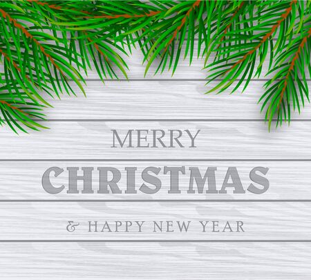 Christmas Decoration. Green branches of a Christmas tree on a background of wood.のイラスト素材