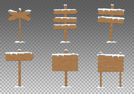 Wooden signboard directional and pointing guidepost. Cartoon wooden signs with snow. Christmas winter holidays. Vector illustrationのイラスト素材