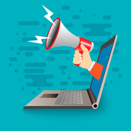 Hand holding megaphone with bubble speech vector illustration megaphone sign card, loudspeaker symbol.のイラスト素材