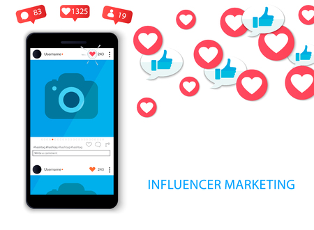 Influencer marketing concept with smartphone and like and hearts Illustration.のイラスト素材