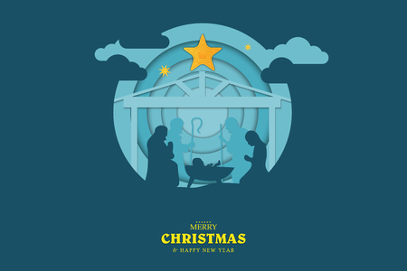 Merry Christmas and Happy New Year. Christmas composition in paper art and digital craft style. Background for covers, invitations, posters, banners, flyers, placards . Vector illustration EPS10.のイラスト素材