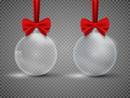Glass transparent Christmas ball with ribbon isolated on white background. Vector illustration.のイラスト素材