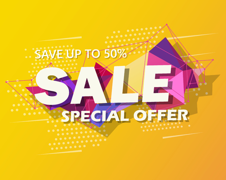 Super Sale and special offer. 50 off. Vector illustration. Trendy neon geometric figures wallpaper in a modern material design style. Coloured bannerのイラスト素材
