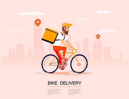 Delivery, the guy on the bike carries the parcel. Urban landscape. courier driving bike fast food food. Flat design vector illustration.のイラスト素材