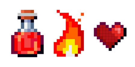 Set of vector pixel objects. Potion bottles, fire flame and heart. Objects for a pixel gameのイラスト素材