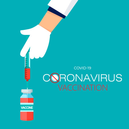Doctor vaccinates a person. Doctors hand holds a syringe with a needle containing the 2019-nCoV vaccine. New vaccine concept for coronavirus. Spread of the CoVID-19 outbreak. Flat vector illustrationのイラスト素材