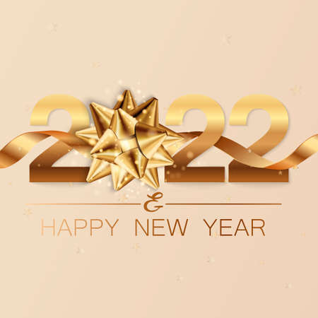 New Year banner. Background New Year design of realistic numbers 2022 with bow and ribbon. New Year...