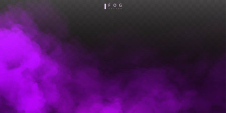purple fog or smok. Realistic fog. Atmosphere mist effect and smoke clouds isolated on transparent background. Vector abstract cloud textureのイラスト素材