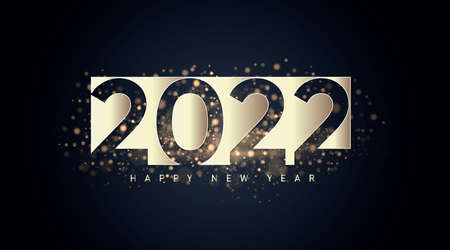 Happy new year 2022. Luxurious white numbers and gold splash. Greeting card design template. Party...