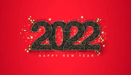 Happy new year 2022. Luxurious white numbers and gold splash. Greeting card design template. Party poster, banner for invitation gold glittering stars confetti glitter decoration. Vector backgroundのイラスト素材