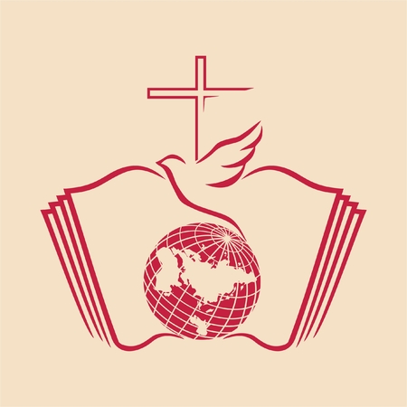 Dove and cross on a globe with bible as background のイラスト素材