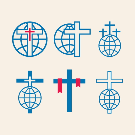 Set of church logo. Crosses with globes, missions, iconのイラスト素材