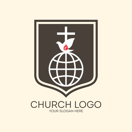 Church logo. Missions, globe, dove, cross, Christianity, icon, flame, shieldのイラスト素材