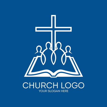 Church logo. United in Christ, group of people, bible, pages, crossのイラスト素材