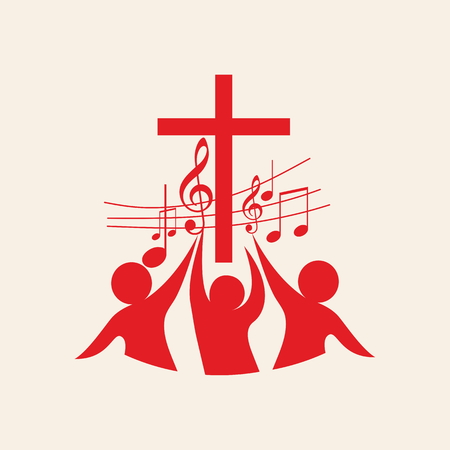 Church logo. Cross, music, music notes, song, choir, people, redのイラスト素材