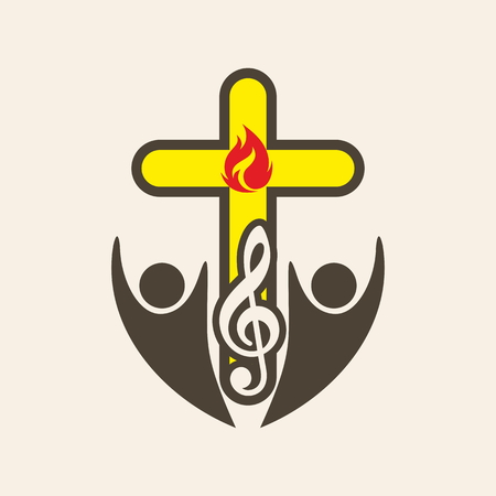 Church logo. Choir, worship music, cross, G cleft, music, icon, flame, people, song, iconのイラスト素材