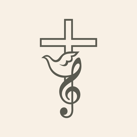 Church logo. Worship music, music, key, G cleft, dove, cross, iconのイラスト素材