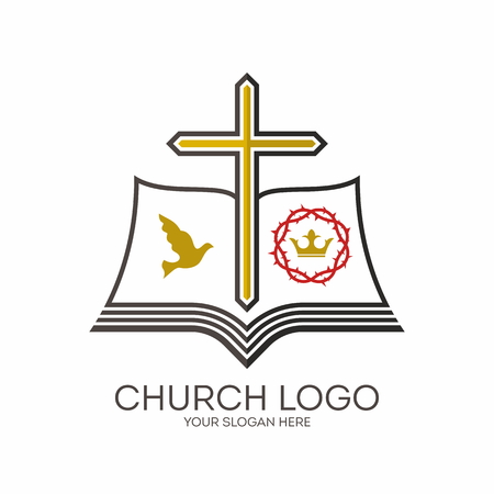 Church logo. Dove, crown, crown of thorns, cross, pages, Bibleのイラスト素材