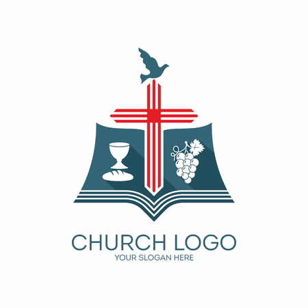 Church logo. Red, blue, white, cross, Bible, chalice, communion, wine, bread, grapes, iconのイラスト素材
