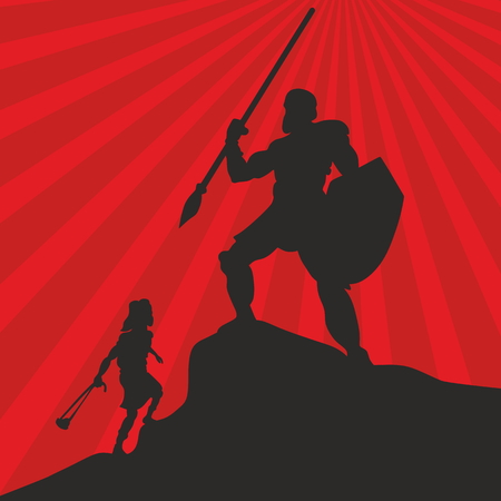 David and Goliath. Silhouette, hand drawnのイラスト素材