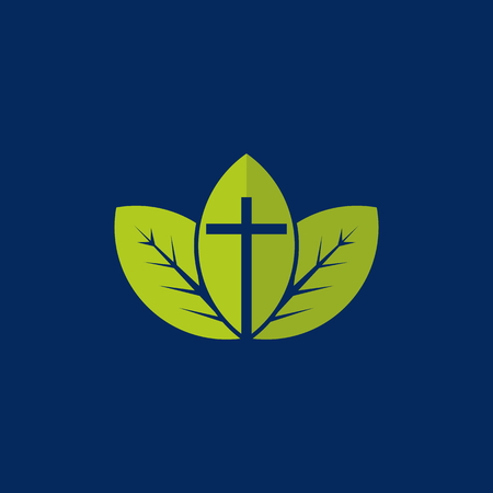 Spiritual growth. Christian cross on a background of green leavesのイラスト素材