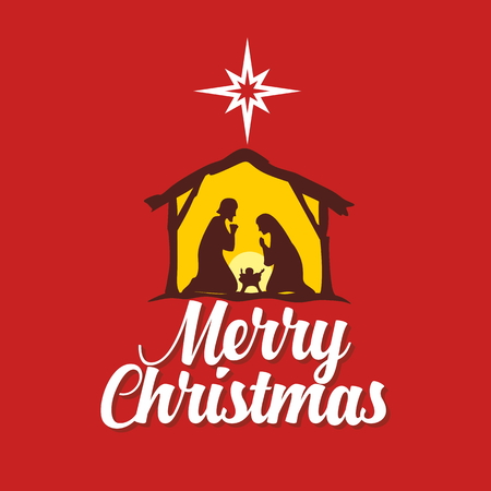 Greeting card with a Christmas story. Mary and Joseph with the baby Jesus in Bethlehem.のイラスト素材