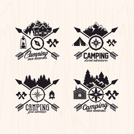 Summer camp badges and labels for any use, on wooden background textureのイラスト素材