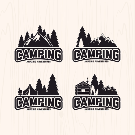 Summer camp badges and labels for any use, on wooden background textureのイラスト素材