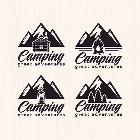 Summer camp badges and labels for any use, on wooden background textureのイラスト素材