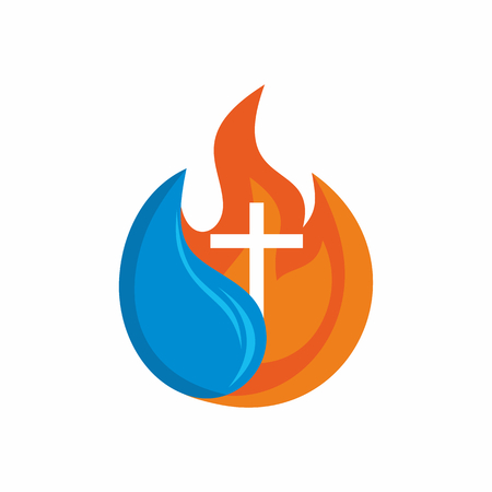Logo church. Christian symbols. Cross. The fire of the Holy Spirit and the living water flows.のイラスト素材
