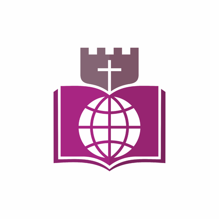 Church logo. Christian symbols. Fortress my God, globe, cross.のイラスト素材